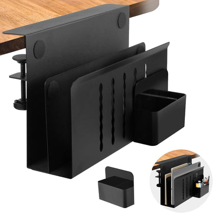 Desk Side Storage, Under Desk Laptop Mount, Table Side Hanging File Organizer, No Drill Clamp On Cable Management Tray, Laptop Holder with Magnetic Pen Holder for Office and Home