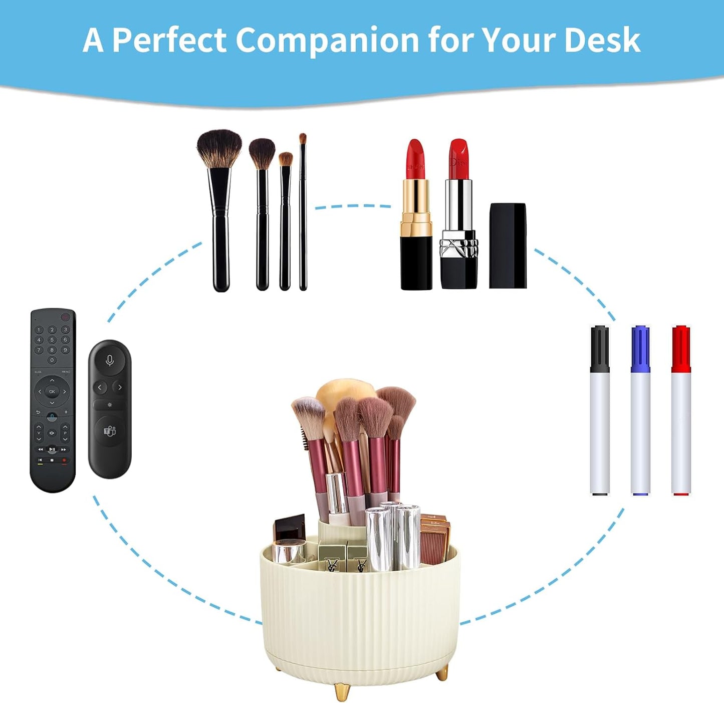 Marbrasse Desk Organizer, 360-Degree Rotating Pen Holder, Desk Organizers and Accessories with 5 Compartments Pencil Holder, Art Supply Storage Box Caddy for Office, Home（White）