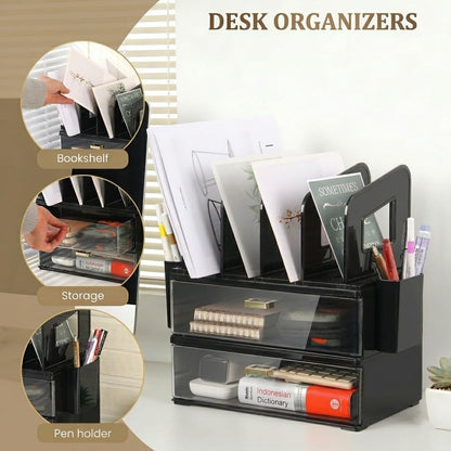 LALOBLUE Acrylic Desk Organizer with Drawer and Vertical File Holder, Desk Organizers and Accessories, Multi-Functional Office Supplies Organizer for Home or Work Desk, White