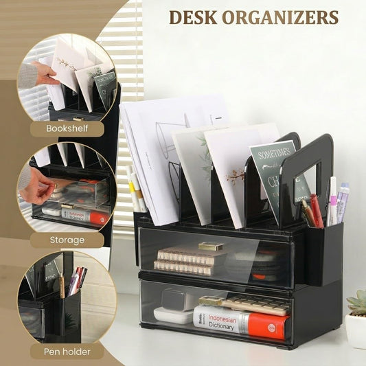 LALOBLUE Acrylic Desk Organizer with Drawer and Vertical File Holder, Desk Organizers and Accessories, Multi-Functional Office Supplies Organizer for Home or Work Desk, White