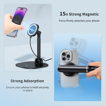 VRIG Magnetic Wireless Charger Phone Stand 360°Rotation Desktop Phone Holder Adjustable Cell Phone Stand for iPhone 17/17pro/16/15/14/13 Series Foldable Wireless Charging Station for Android/AirPod