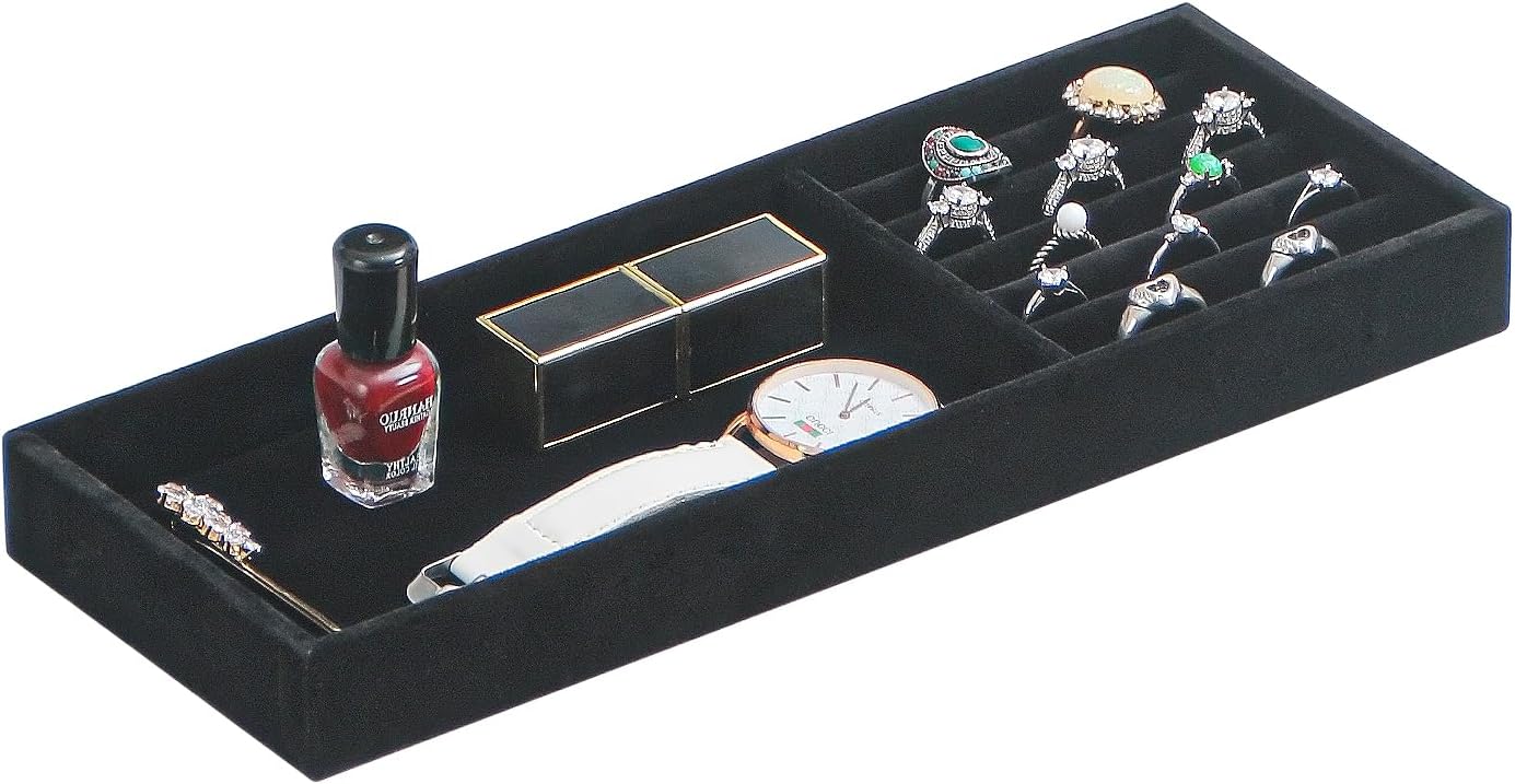 Divided Drawer Organizer Tray, Velvet Jewelry Storage Tray, Necklace Bracelet Ring Earring Display Tray,Bedside Nightstand Desk Holder Tray for Phone Watch Sunglasses Cosmetics Storage/Beige/1grid