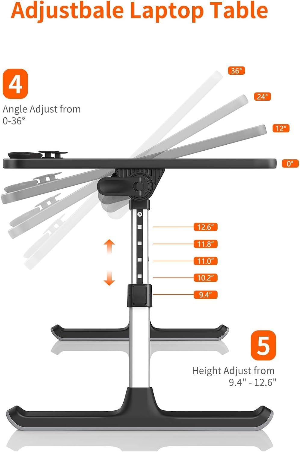 SAIJI Height & Angle Adjustable Laptop Stand for Bed, Lap Desk Bed Tray Table, Light Weight Foldable Portable Laptop Table for Couch Sofa Chair Floor Desk for Adults, Kids (52*30cm Black)