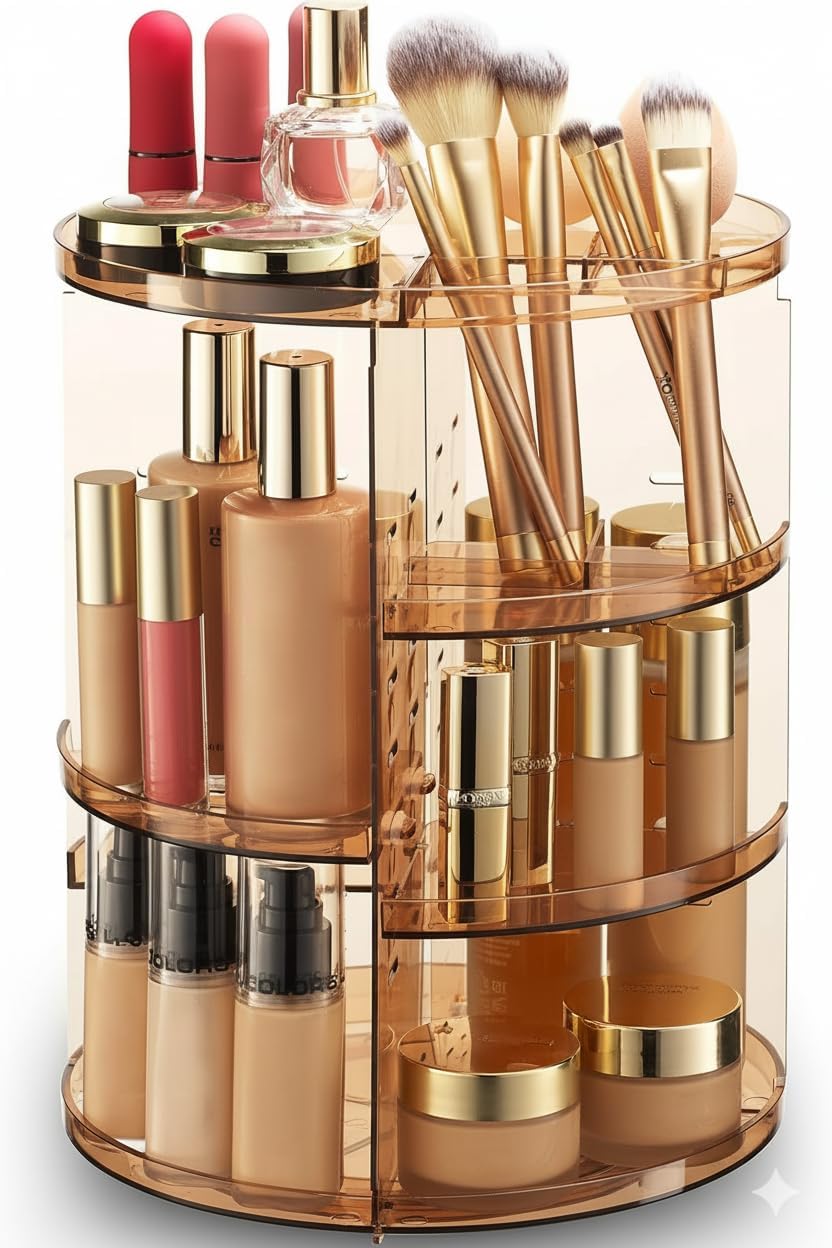 Masirs Small 360 Rotating Makeup Organizer - Mini Yet Spacious Cosmetic Storage Solution with Multiple Compartments - The Perfect Spinning Make-Up Caddy for Vanity or Bathroom Counter (Round - Clear)