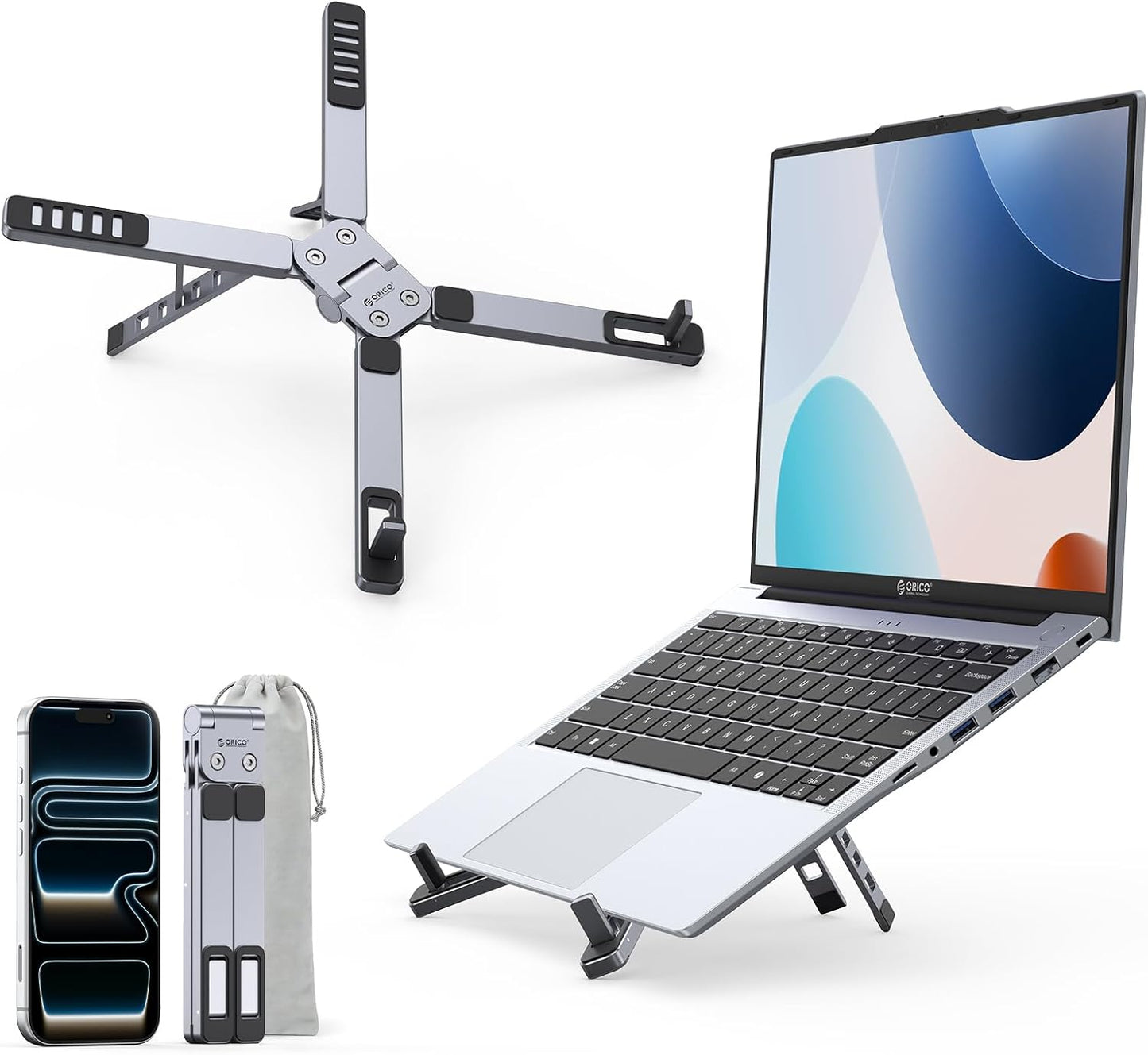 ORICO Portable Laptop Stand for Travel & Desk, Ultra-Compact Foldable Aluminum 3-in-1 Riser for Laptop, Tablet & Phone, 5 Adjustable Heights, Compatible with MacBook/HP/Dell/iPad/iPhone – PN1 (Gray)