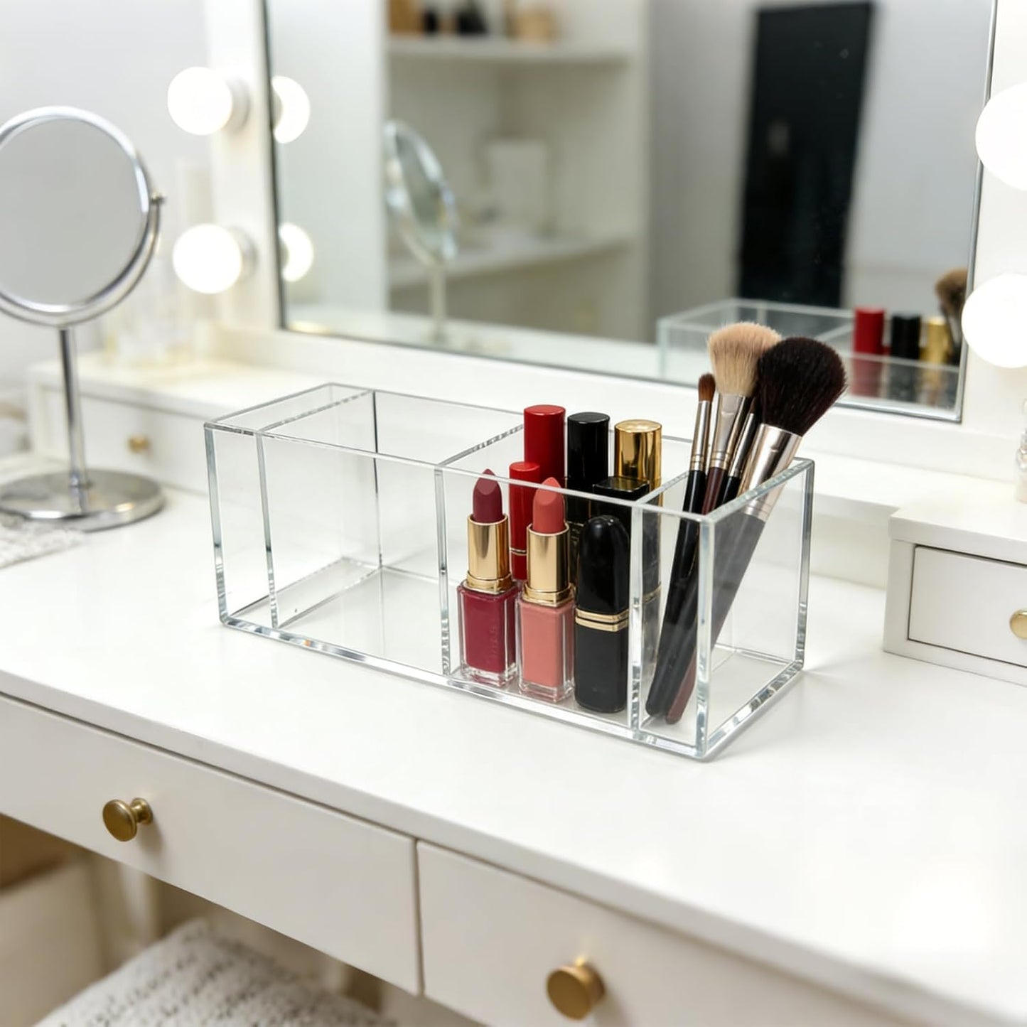 2 Pack Acrylic 3-Compartment Organizer Box, Storage Box with Lid, Clear Pen Holder Organizer Makeup Brush Holder for Office Desk Accessories, Cosmetic Brush Storage Box, Dorm, Bathroom, Kitchen