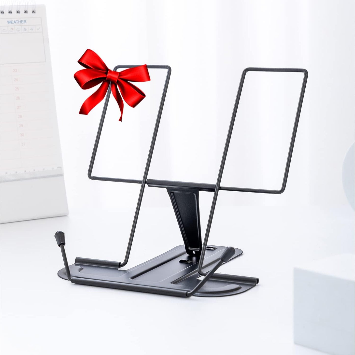 MSDADA Metal Book Stand for Desk, Adjustable Reading Rest Book Holder, Portable Cookbook Documents Holder, Sturdy Typing Stand for Recipes Textbooks Tablet Music Books with Page Clips (Macaron Pink)