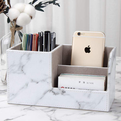 KINGFOM Desk Organizer Office Supplies Caddy Pu Leather Multi-function Storage Box Pen/Pencil,Cell phone, Business Name Cards Remote Control Holder with Small Drawer Black