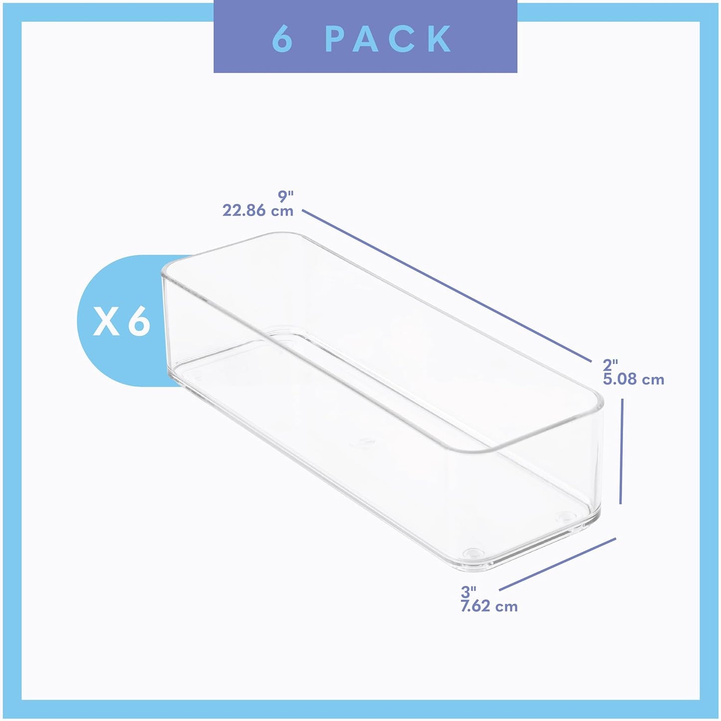 primebox Plastic Clear Drawer Organizers. Bathroom. Kitchen, Bedroom, Utensils, Office Organizer Bins, Storage Trays. Stackable. 9" x 6" x 2" Set of 6
