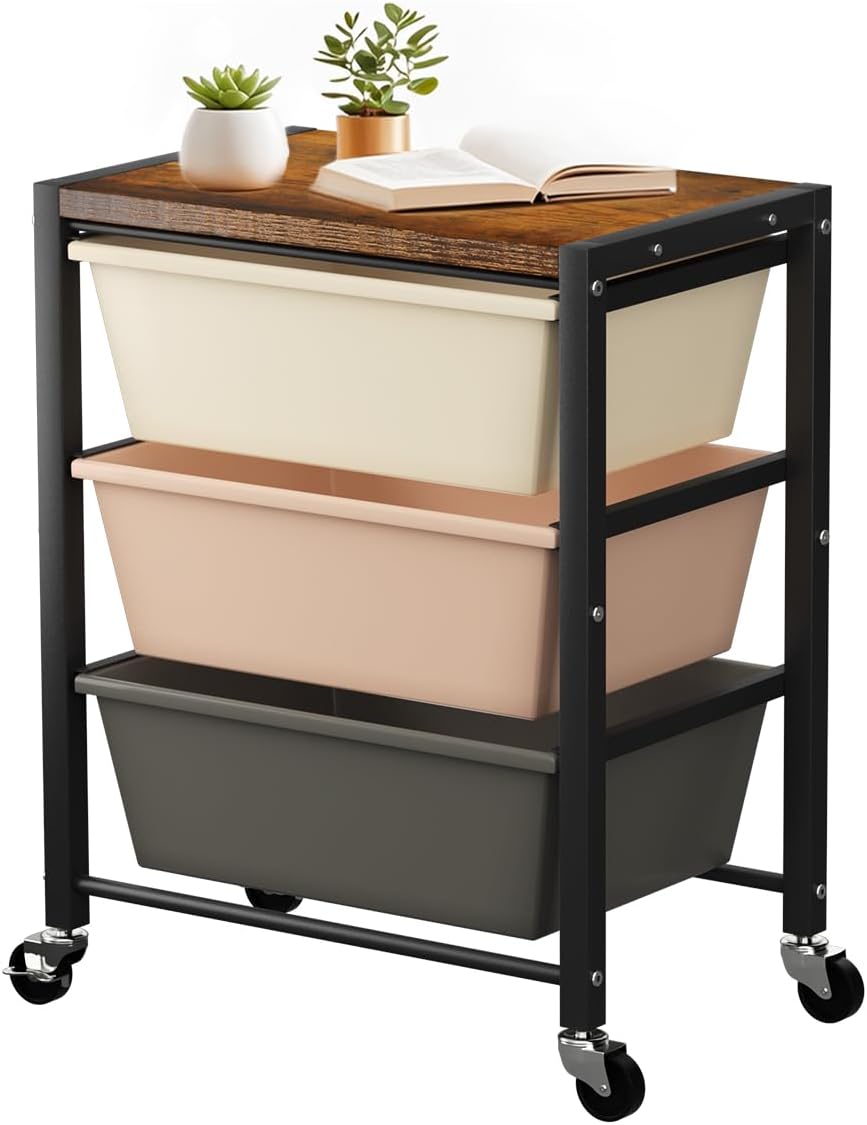 Rolling Cart with 3 Drawers, Plastic Drawer Storage Carts with Lockable Wheels & Wooden Tabletop, Metal Utility Cart Organizer, Office Bedroom Classroom Craft Organization and Storage, Bright White