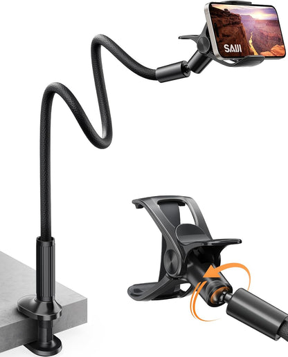 SAIJI Gooseneck Bed Phone Holder, Flexible Long Arm Phone Mount for Desk, Clip Bracket Clamp Stand, iPhone Stand, Mobile Cell Phone Stand Document Camera Nintendo Switch (Black)