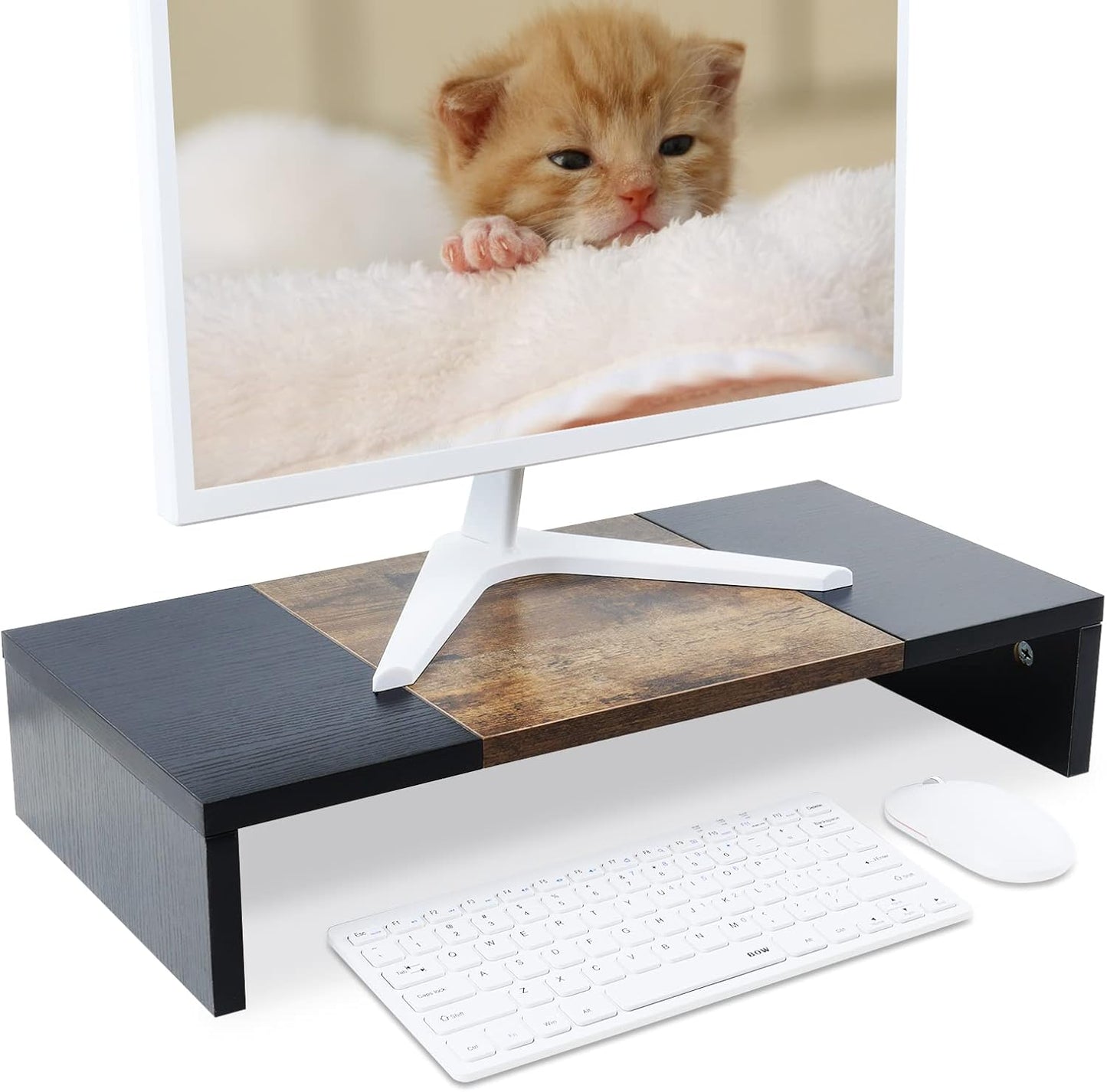 TEAMIX 20 inch White Monitor Stand Riser, Wood Desktop Stand for PC/TV/Laptop/Printer, White Monitor Riser with Storage, Computer Stand with Keyboard Organizer