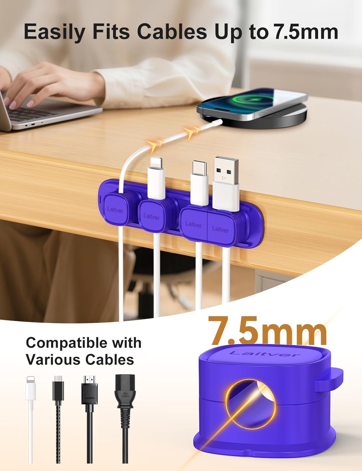 6 Pack Magnetic Cable Clips [1s Open/Lock], Laitver Cord Organizer Holder Strong Adhesive Desk Cable Management- Organize Charging Cords Neatly for Home, Office, Car,Desk, Nightstand