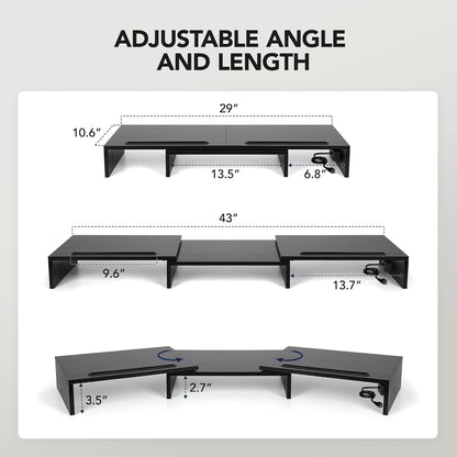 HUANUO Dual Monitor Stand -Monitor Stand with USB ports ,Adjustable Length and Angle, Dual monitor riser w/ Desktop Socket, Monitor Stand Riser for PC, Computer, Laptop (Black)