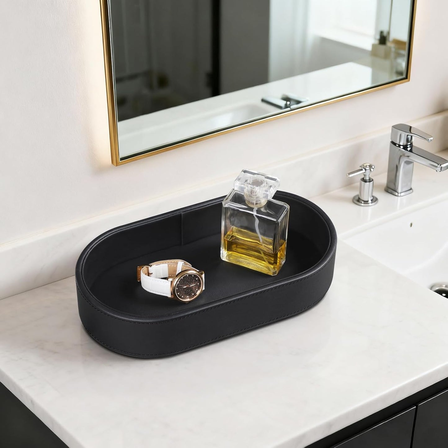 Oval Desk Valet Tray, PU Leather Perfume Dish Bowl for Keys Wallet Watch, Decorative Trinket Vanity Jewelry Tray, Entryway Nightstand Organizer Women Men (Black)