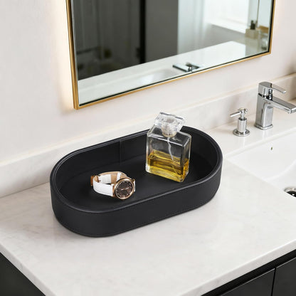 Oval Desk Valet Tray, PU Leather Perfume Dish Bowl for Keys Wallet Watch, Decorative Trinket Vanity Jewelry Tray, Entryway Nightstand Organizer Women Men (Black)