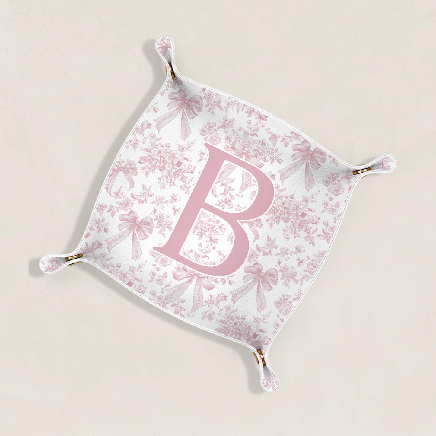 Gifts for Mom Initial Valet Tray,Pink Personalized Gifts for Women Mom Grandma Girlfriend,Nightstand Desk Accessories PU Leather Tray Organizer for Birthday Christmas Gift Ideas (B)