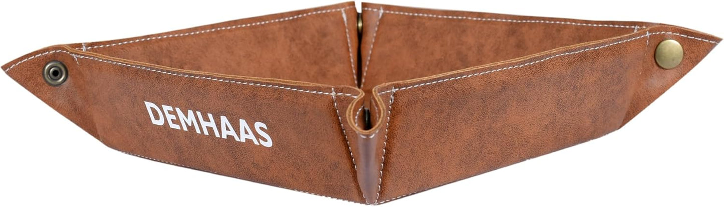 Valet Tray Organizer – Foldable Jewelry & Catchall Tray for Keys, Phone & Wallet – Double-Sided Faux Leather with Rubber Padding – Desk & Nightstand Organizer (Cognac Brown)