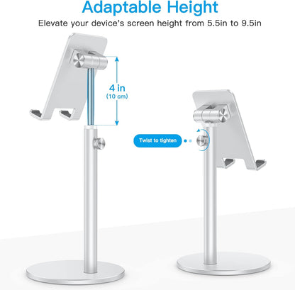 OMOTON Cell Phone Stand, Angle Height Adjustable Phone Holder, Aluminum Desktop Phone Dock for Desk, Compatible with iPhone 17 Pro Max, All Smartphones and Tablets(4-11''), Silver