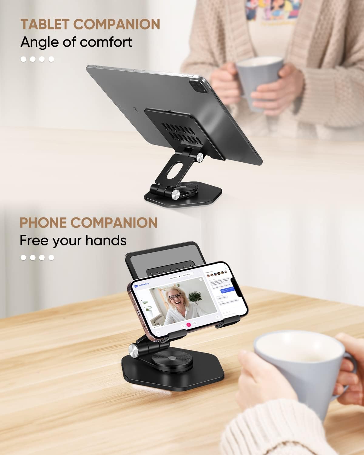 Aluminum Tablet Stand for Desk, 360° Swivel iPad & Tablet Holder – Thickened Material & Foldable Desktop Mount for 5–12.9in Devices, Black