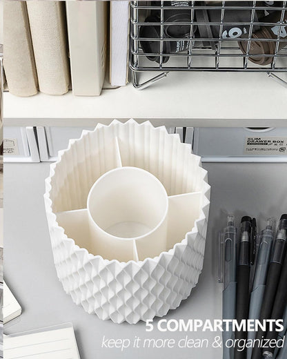 Lebenrich Rotating Pen Holder for Desk, 5 Slots Unique White Desk Organizer Easthetic Desktop Supplies and Accessories for Women Girls, Pencil Cup Caddy for Office Home Art Supply