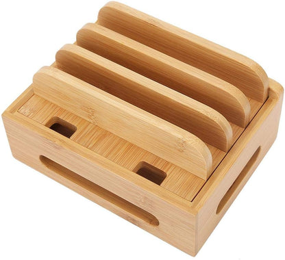 Oumefar Bamboo Multi-Device Stand Holder Charging Station Phone Tablet Charger Organizer 4 in 1 Charging Station for Multiple Devices for Meeting Rooms Restaurants Hotels and Homes