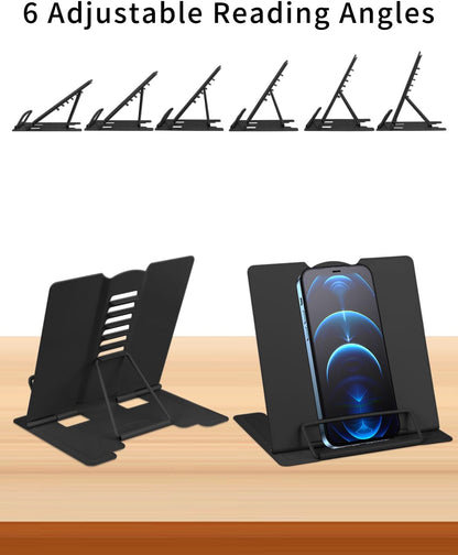 MSDADA Small Desk Book Stand Metal Reading Rest Book Holder Adjustable Cookbook Documents Holder Portable Sturdy Bookstands for Recipes Textbooks Tablet Music Books(White)
