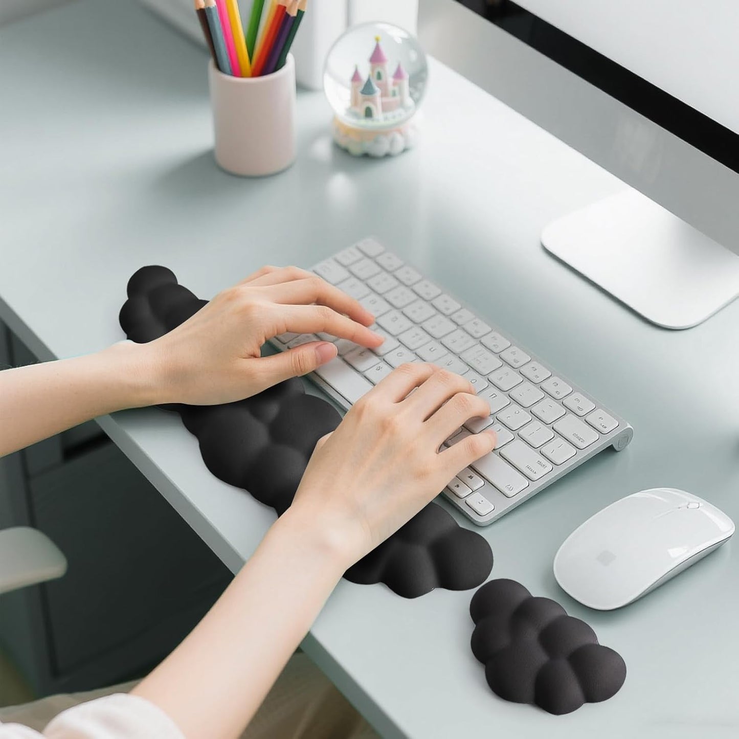 Keyboard Wrist Rest Mouse Wrist Support Set, Cloud Keybroad Wrist Rest Pad with Non-Slip PU Base, Memory Foam Wrist Rest for Pain Relief Computer Laptop Gaming Home Office, White