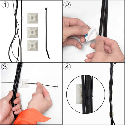 XHF 100 PCS 3/4" Black Self Adhesive Cable Zip Tie Mounts Wire Cable Clips Holders Management Anchors Organizer Holders Squares(HS-101S)