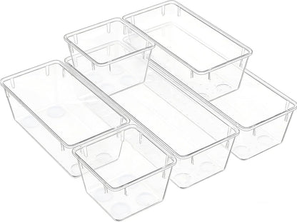 Clear Acrylic Drawer Organizer Trays, 5 Size Junk Box Organization Small Storage Container Bin for Desk Makeup Bathroom Vanity Kitchen Tool Make Up Workspace Home Dorm Apartment Office Room Nightstand