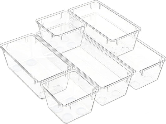 Clear Acrylic Drawer Organizer Trays, 5 Size Junk Box Organization Small Storage Container Bin for Desk Makeup Bathroom Vanity Kitchen Tool Make Up Workspace Home Dorm Apartment Office Room Nightstand