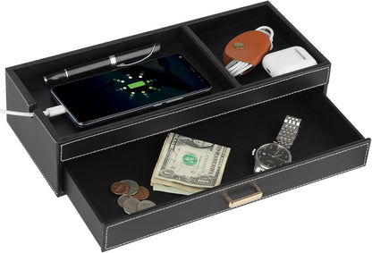 HofferRuffer Valet Jewelry Tray Organizer with Drawer, Faux Leather Storage Catchall Box Phone Charging Station Tray with Dresser Nightstand Desktop Drawer Organizer (Black)