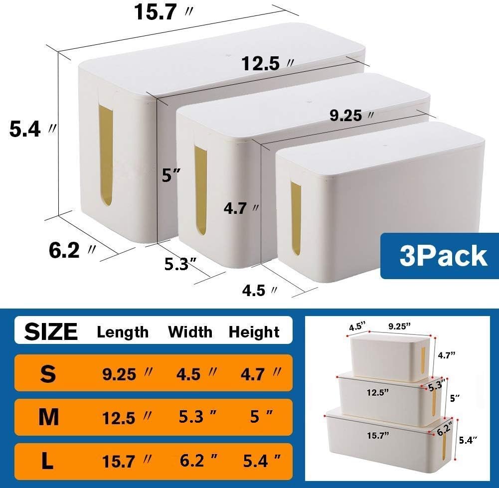 [Set of Three] Cable Management Boxes Organizer, Large Storage Wires Keeper Holder for Desk, TV, Computer, USB Hub, System to Cover and Hide & Power Strips & Cords (Black)