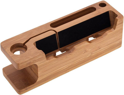 MOOZO Bamboo Wood Desktop Charging Dock Station Charger Holder Cradle Stand Compatible iPhone 16 15 14 13 12 11 Pro Max Apple Watch 2 3 4 / iWatch Samsung Galaxy S8 S7 S6 Edge Plus LG HTC Smartphones