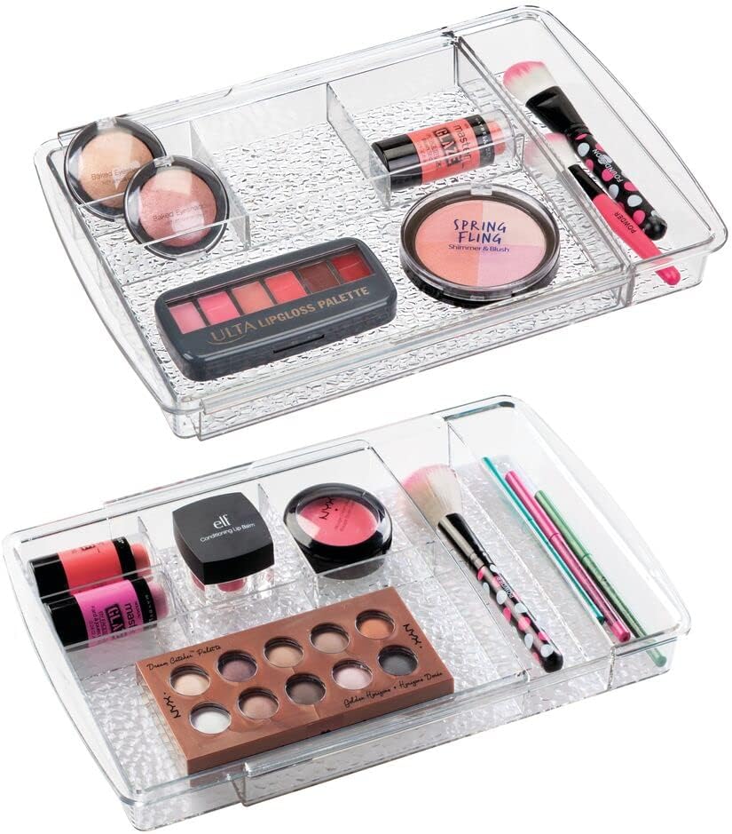 mDesign Expandable Makeup Organizer for Bathroom Drawers, Vanities, Countertops: Organize Makeup Brushes, Eyeshadow Palettes, Lipstick, Lip Gloss, Blush, Concealer - Adjustable Width, 2 Pack - Clear