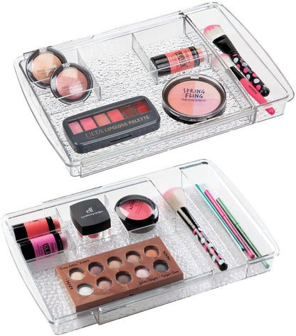 mDesign Expandable Makeup Organizer for Bathroom Drawers, Vanities, Countertops: Organize Makeup Brushes, Eyeshadow Palettes, Lipstick, Lip Gloss, Blush, Concealer - Adjustable Width, 2 Pack - Clear