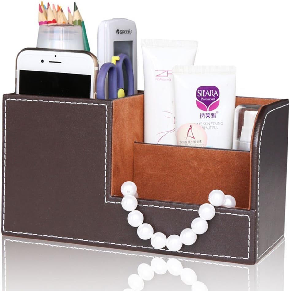 KINGFOM Desk Organizer Office Supplies Caddy Pu Leather Multi-function Storage Box Pen/Pencil,Cell phone, Business Name Cards Remote Control Holder with Small Drawer Black