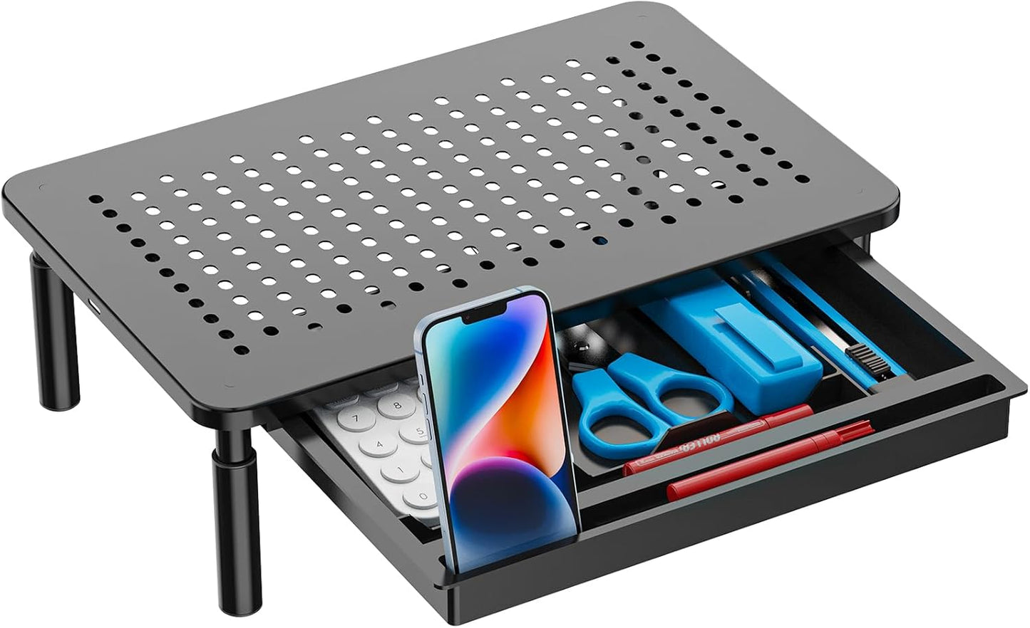 WALI Computer Monitor Stand with Storage, Desk Monitor Riser 3 Height Adjustable, Laptop Riser with Airflow Vents, Desk Organizer for Computer, Laptop, Printer (PTT002-B), 1 Pack, Black