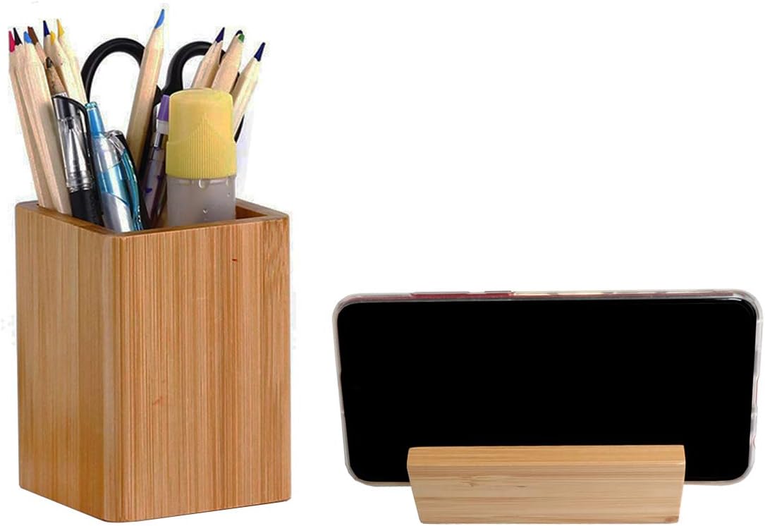 Enyuwlcm Bamboo Wooden Pen Holder Cup and Desk Business Card Holder Stand for Office Home School 2 Packs