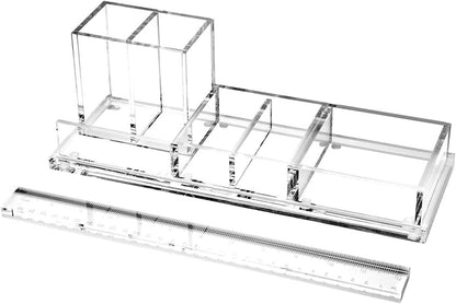 Clear Acrylic Desk Organizer 4-Piece Desk Kit + Free Complimentary Acrylic Ruler, Desktop Organization for Office or Home