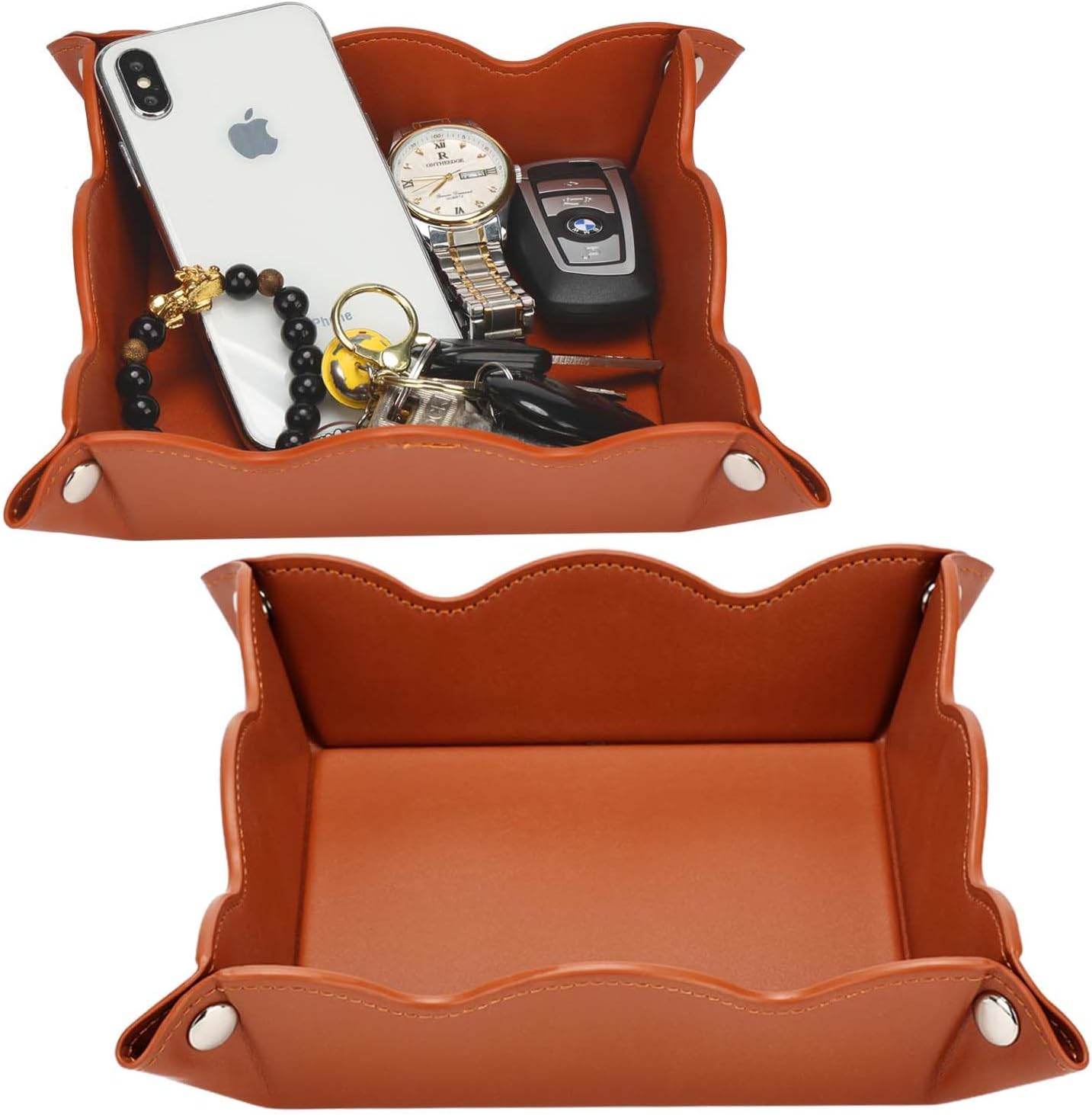 Valet Tray for Men Women 2 Pack - PU Leather Travel Catchall Tray Organizer - Desk Bedside Nightstand Storage Box for Jewelry Key Phone Remote Controller Wallet Watch Glasses Readers -White