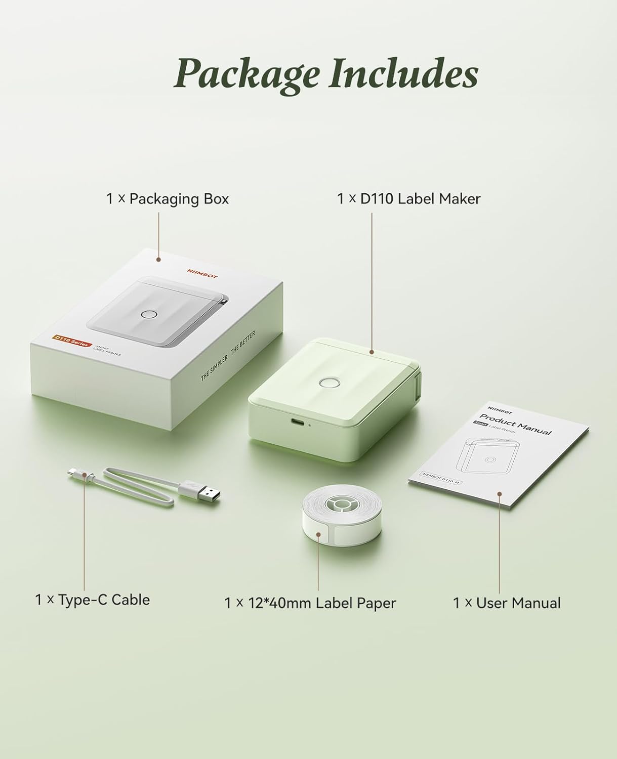 NIIMBOT Label Maker Machine Bluetooth Label Printer for School Home Office Organization, Wireless Mini Labeler D110 Upgraded Version, Label Machine with 1 Label Tape, White