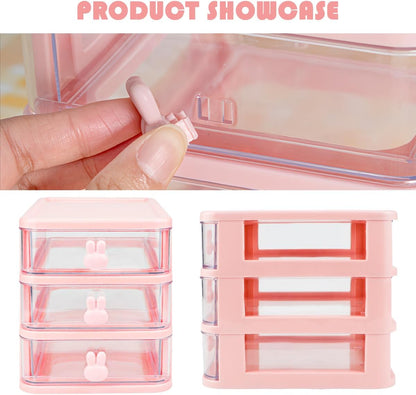 3 Layer Plastic Storage Drawer Bunny Transparent Cosmetic Organizer Rabbit Makeup Organizer Storage Container for Office School Home（White）