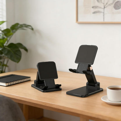 Adjustable Cell Phone Stand for Desk - Foldable Desktop Phone Holder Compatible with All 4-10 Inches Smartphone and Tablet for Workspace Organizers(1Pack Black)