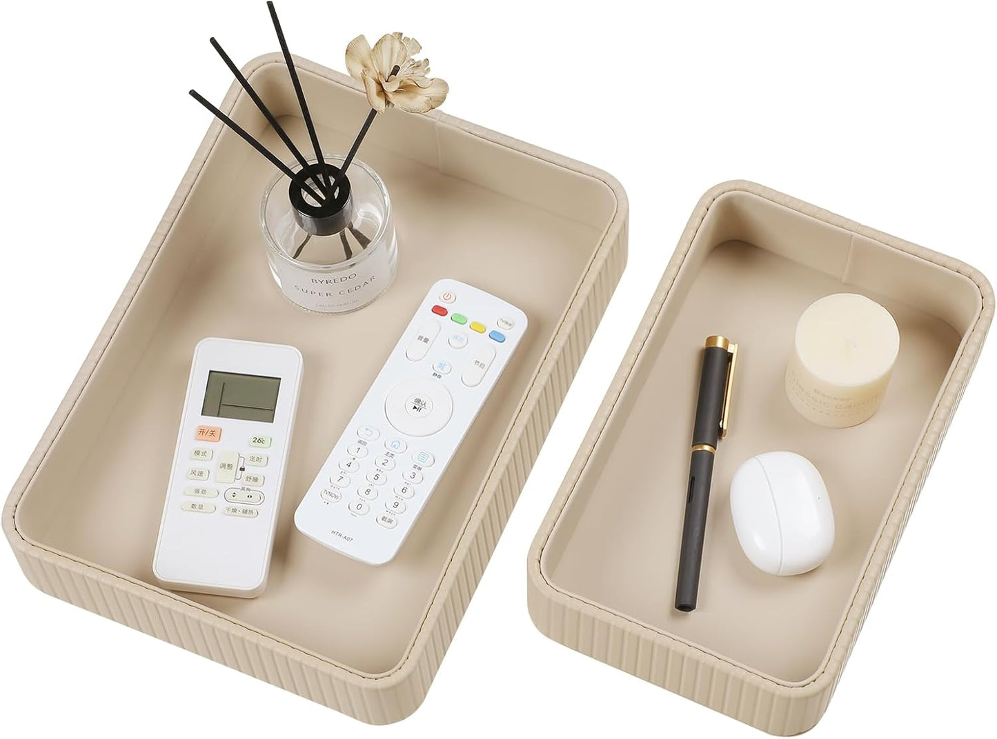 Desk Organizer Tray, PU Leather Nightstand Organizer Perfume Valet Tray for Men Women, Decorative Vanity Trays Trinket Dish Key Bowl for Entryway Table (2pcs, Ivory, Large+Small)