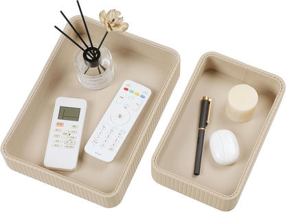 Desk Organizer Tray, PU Leather Nightstand Organizer Perfume Valet Tray for Men Women, Decorative Vanity Trays Trinket Dish Key Bowl for Entryway Table (2pcs, Ivory, Large+Small)