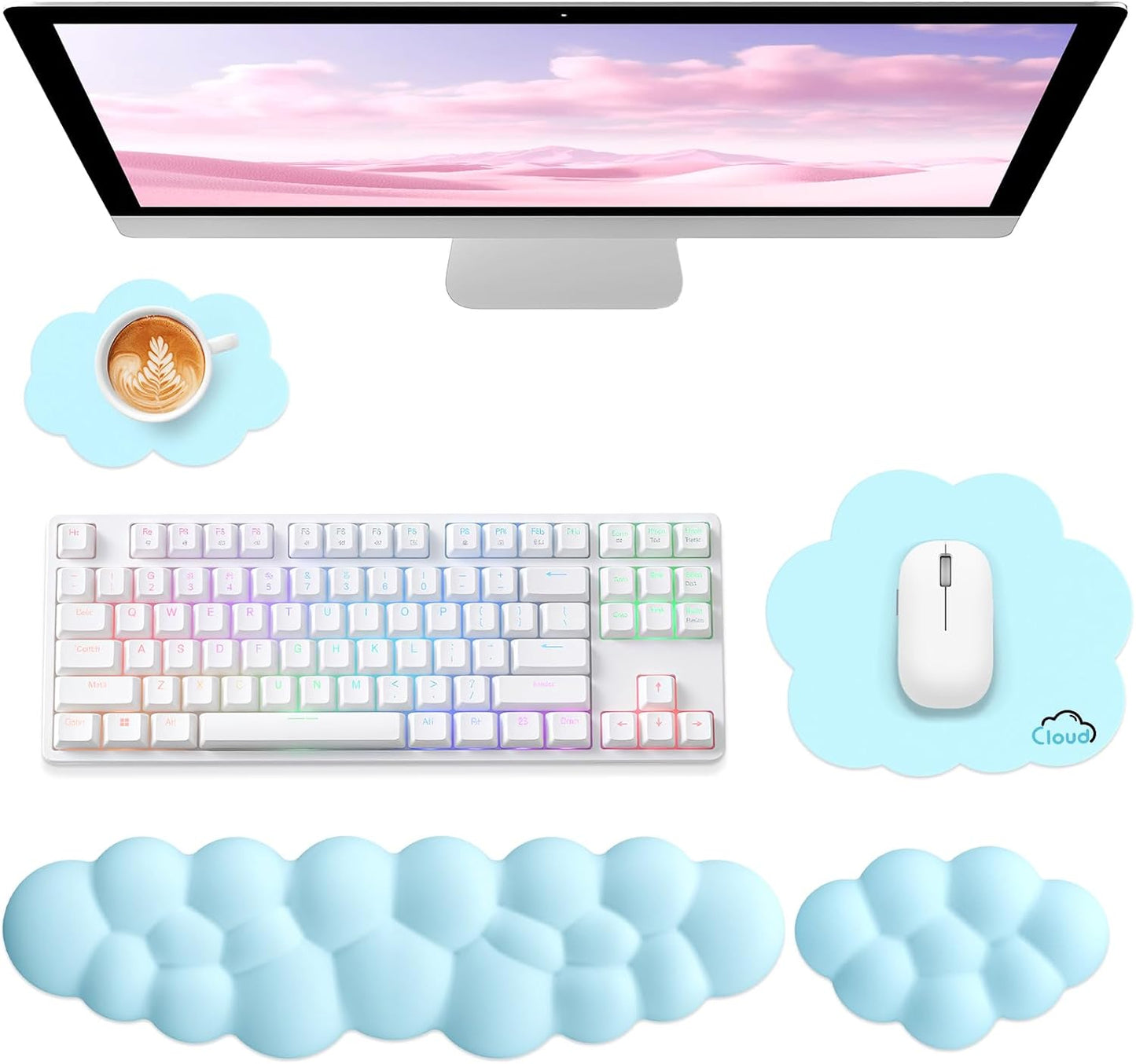 Sushret Cloud Wrist Rest for Computer Keyboard, 4-in-1 Memory Foam Leather Cloud Keyboard Wrist Rest and Mouse Pad Set with Ergonomic Support for Arm and Palm Cushion, Gaming/Work Setup, Rainbow