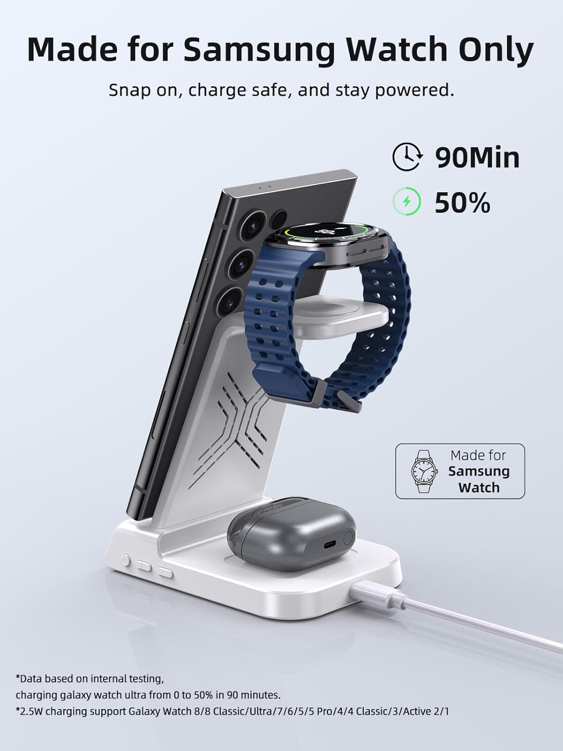 Wireless Charger for Samsung Charging Station: 3 in 1 Android Charging Stand with Dimmable Clock - Nightstand Organizer for Galaxy S25 Ultra, Galaxy Watch 8 7 6 5 4, Galaxy Buds, Space-Saving Charger
