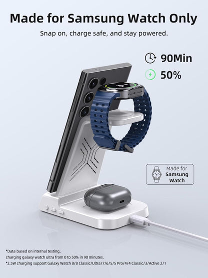 Wireless Charger for Samsung Charging Station: 3 in 1 Android Charging Stand with Dimmable Clock - Nightstand Organizer for Galaxy S25 Ultra, Galaxy Watch 8 7 6 5 4, Galaxy Buds, Space-Saving Charger