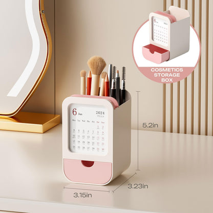 Upgraded Pen Holder with Built-in Calendar - Modern Desk Organizer for Office, School, Home, Premium Silicone Design with Chic Aesthetic, Multi-Functional Stationery & Makeup Storage - Blue